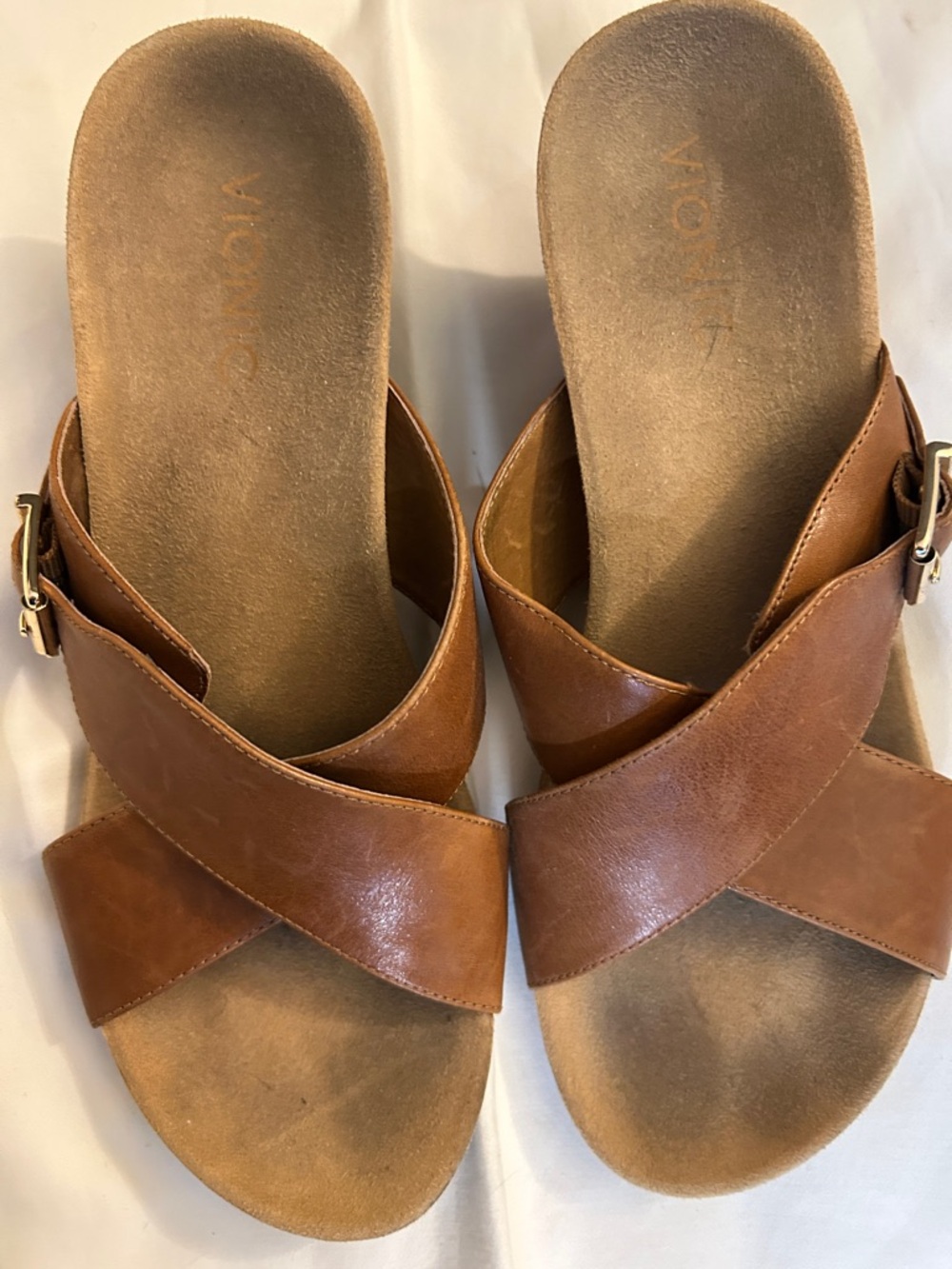 Vionic Tan Leather Crisscross Slide Sandals with Buckle